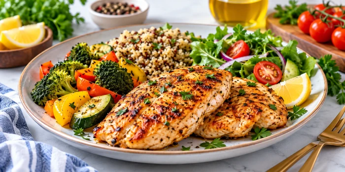 Healthy chicken fillet recipes served as juicy herb-seasoned grilled chicken with roasted broccoli, colorful bell peppers, quinoa, fresh salad, cherry tomatoes, cucumber, parsley, and lemon wedges on a modern ceramic plate.