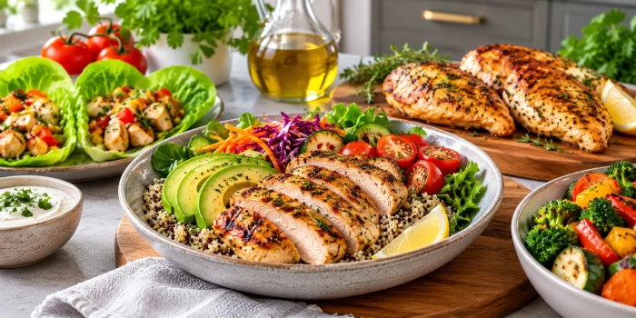Healthy chicken high-protein recipes served as colorful grilled chicken bowls with quinoa, avocado, fresh vegetables, chicken lettuce wraps, roasted vegetables, herbs, and lemon on a modern kitchen table.