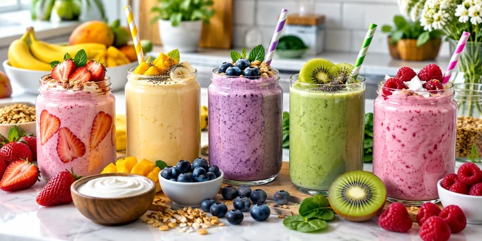 Colorful healthy creamy yogurt smoothies in strawberry, mango, blueberry, green kiwi, and raspberry flavors, topped with fresh fruit, granola, mint, and seeds on a bright modern kitchen counter.