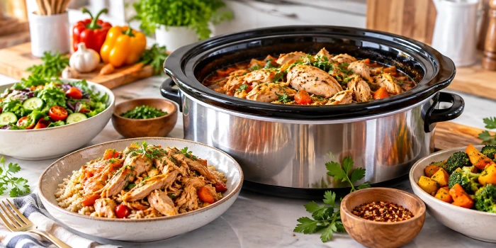 Healthy Crock-Pot chicken recipes served with tender seasoned chicken, carrots, potatoes, and green beans in a modern slow cooker, with an easy family meal plated nearby.