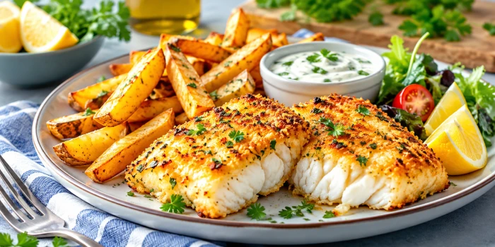 Healthy fish and chips recipes for a lighter meal featuring crispy baked white fish, golden roasted potato wedges, lemon, fresh parsley, dipping sauce, and a colorful side salad.