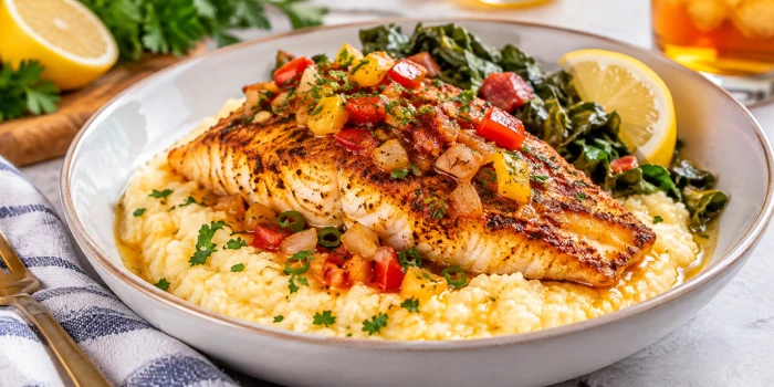 Healthy fish and grits recipe Southern style featuring golden seasoned fish served over creamy grits with sautéed peppers, onions, fresh herbs, greens, and lemon wedges.