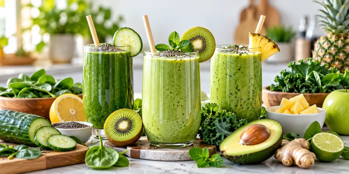 Healthy green detox smoothies for weight loss served in clear glasses with spinach, kale, cucumber, kiwi, pineapple, lemon, mint, avocado, ginger, and chia seeds on a bright kitchen counter.