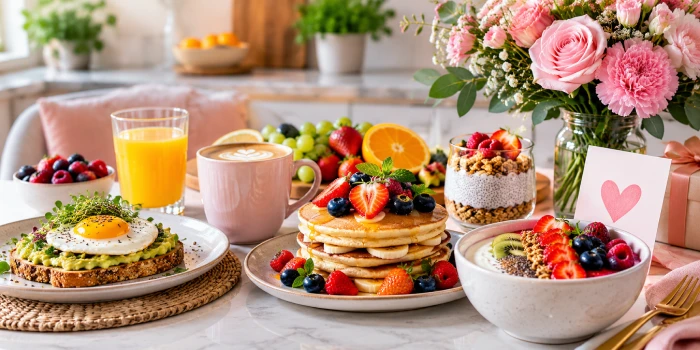 Vibrant Mother’s Day breakfast spread with berry pancakes, avocado toast, yogurt parfait, fresh fruit, smoothie, coffee, and pink flowers on a bright modern kitchen table.