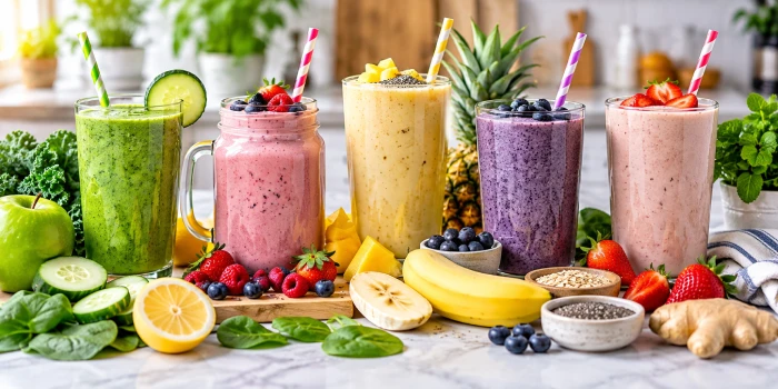 Colorful healthy smoothie recipes for a flat belly featuring green, berry, mango, blueberry, and strawberry smoothies with fresh fruit, leafy greens, chia seeds, and ginger on a bright modern kitchen counter.
