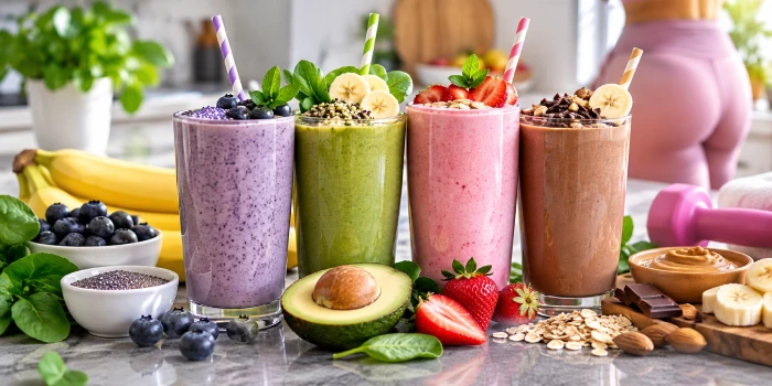 Four colorful healthy smoothies for glutes recipes ideas on a modern kitchen counter, made with berries, banana, spinach, avocado, oats, chia seeds, nuts, and other wholesome ingredients.