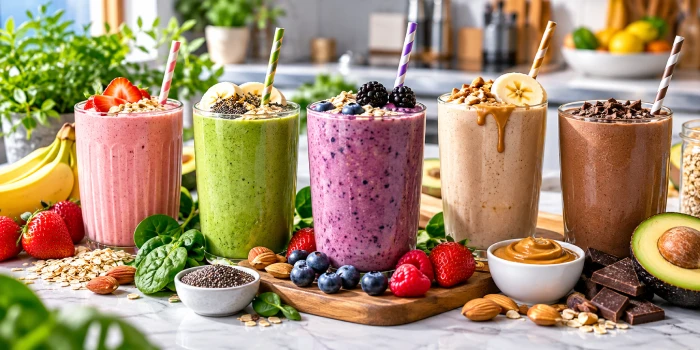 High-protein smoothie recipes for easy mornings featuring colorful strawberry, green spinach, berry, peanut butter banana, and chocolate smoothies with fresh fruit, oats, chia seeds, and nuts.
