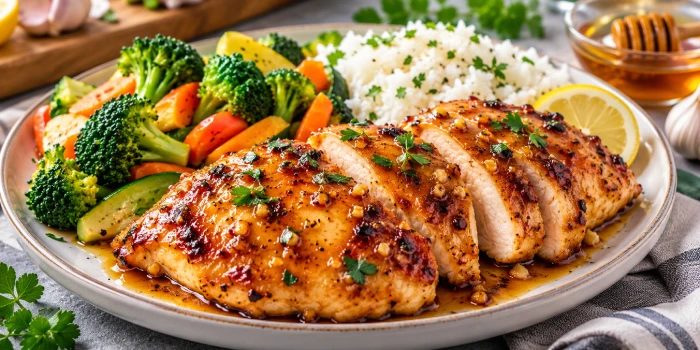 Juicy boneless chicken breast coated in a glossy honey garlic glaze, sliced and served with rice, broccoli, carrots, herbs, and lemon on a modern dinner plate.