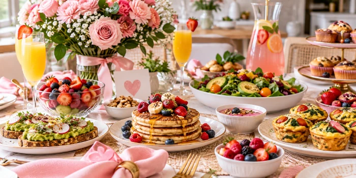 Mother’s Day brunch gluten-free ideas featuring berry pancakes, avocado toast, mini frittatas, fresh fruit, yogurt, muffins, colorful drinks, and pink floral table decorations.