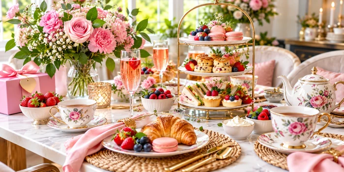 Elegant Mother's Day brunch and tea party table with floral teacups, tiered desserts, finger sandwiches, fresh berries, pastries, pink roses, gold accents, and a romantic spring table setting