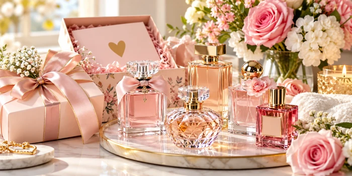 Elegant Mother’s Day gift perfume ideas featuring luxurious pink and peach fragrance bottles, floral gifts, satin bows, roses, and a refined marble vanity display.