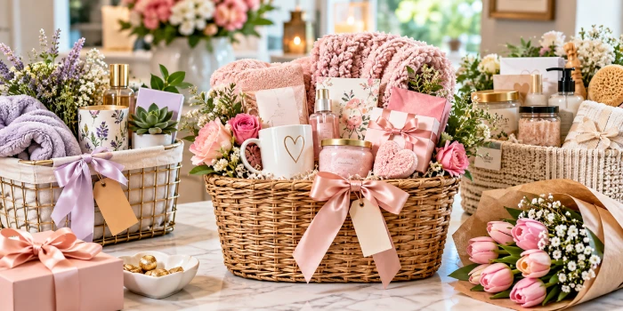 Beautiful homemade Mother's Day gift baskets filled with fresh flowers, candles, spa treats, chocolates, cozy textiles, and thoughtful handmade gifts in soft pink, lavender, and cream tones.