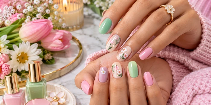 Short spring nail ideas featuring glossy pastel pink and sage green short nails with delicate floral accents, fresh spring flowers, and a soft feminine beauty setting.