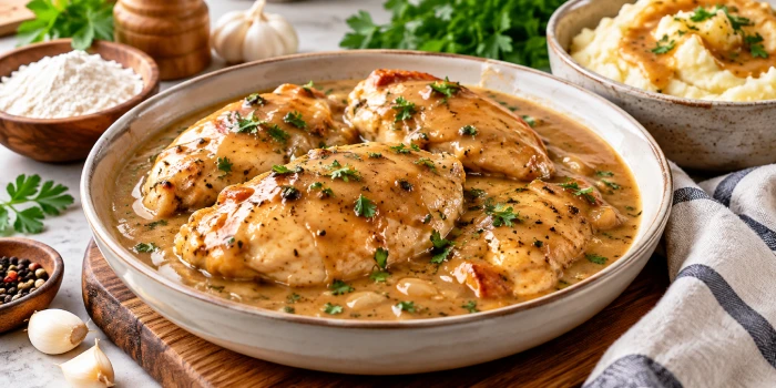 Simple chicken gravy recipes made with flour featuring tender chicken breasts covered in rich homemade brown gravy, garnished with fresh parsley and served with creamy mashed potatoes.