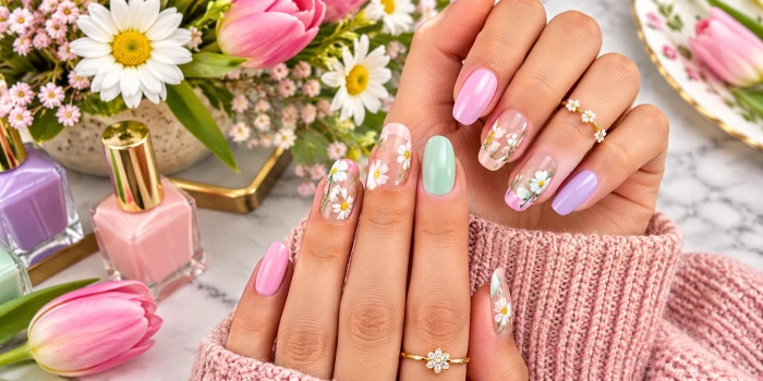 Simple and cute spring nail ideas featuring pastel pink, lavender, mint green, nude nails, delicate daisy floral art, glossy almond shapes, and fresh seasonal manicure details.