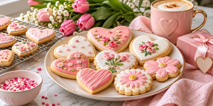Simple Mother’s Day cookies ideas featuring homemade heart and flower-shaped sugar cookies decorated with pink and white icing, floral details, sprinkles, and a cozy Mother’s Day baking setup.