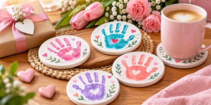 Simple Mother’s Day handprint coasters to make featuring colorful pink, blue, purple, and coral handprint designs with heart details, surrounded by flowers and a cozy coffee mug on a wooden table.