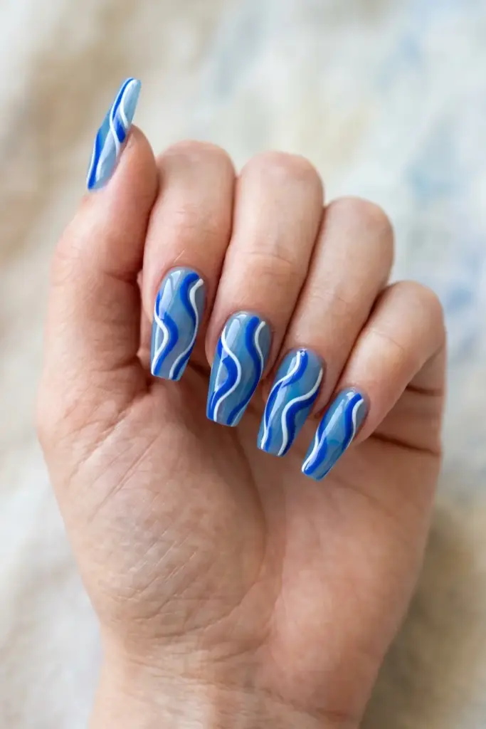 Blue Ocean Wave Coffin Nails