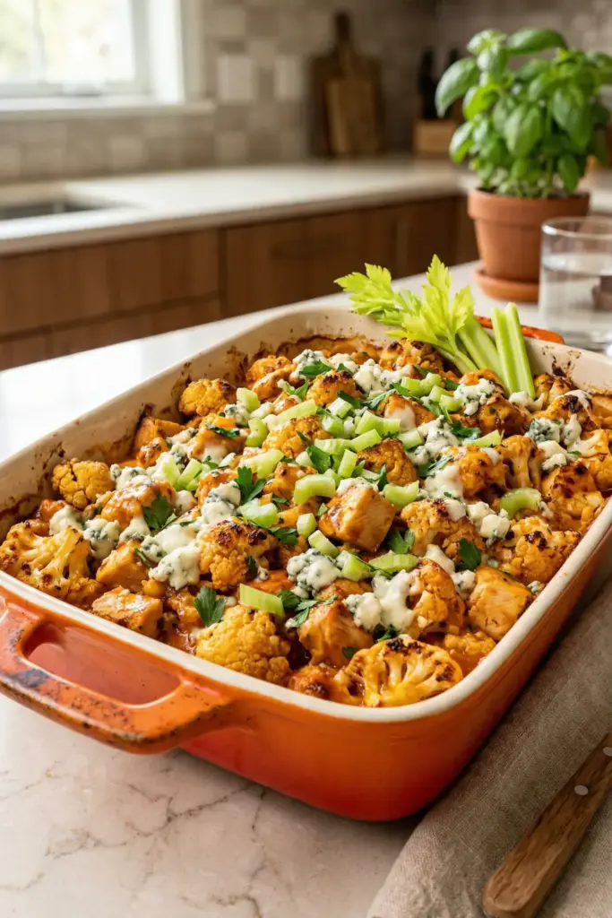 Buffalo Cauliflower and Chicken Bake