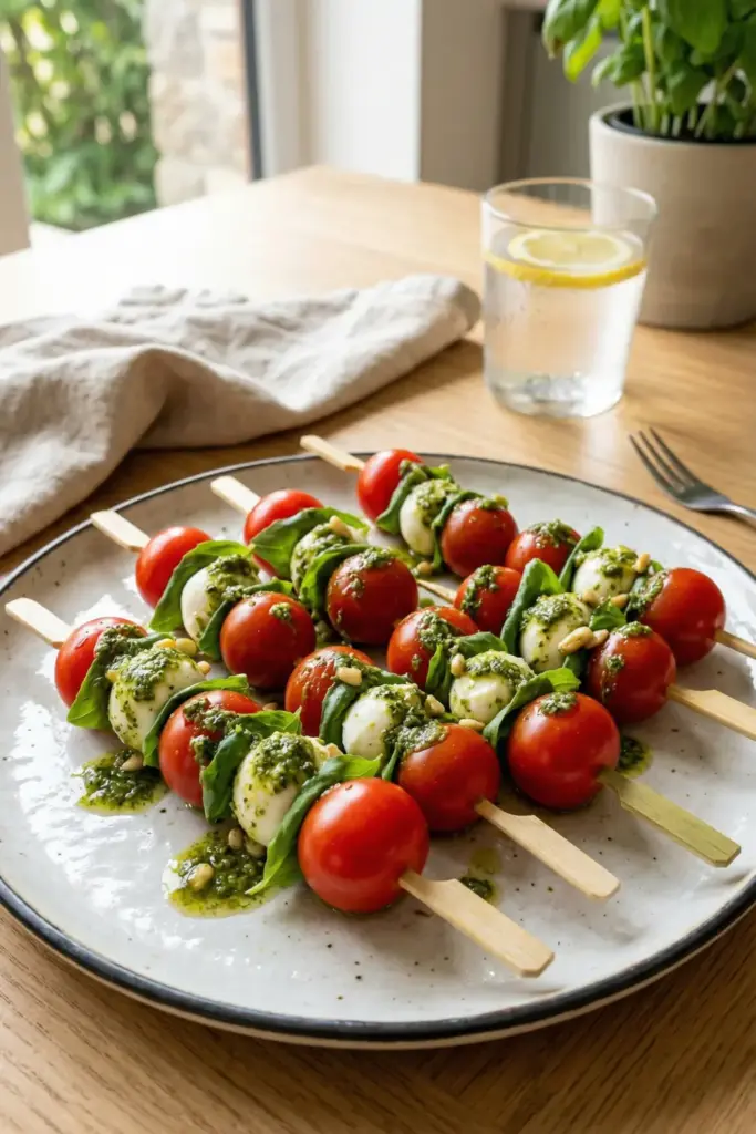 Caprese Skewers with Pesto Drizzle