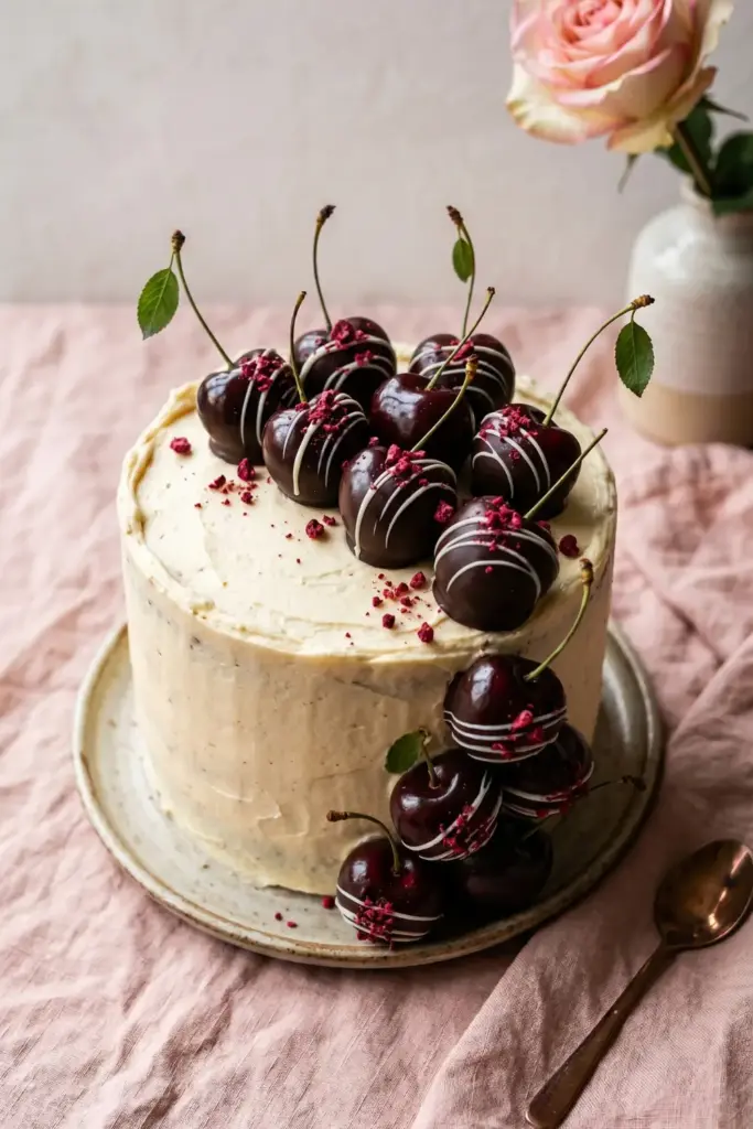 Chocolate-covered cherries on cake