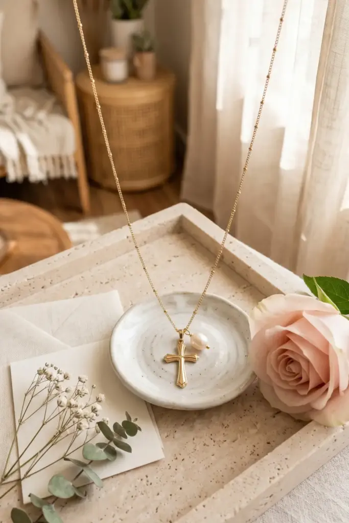 Delicate Cross Necklace with Pearl Accent