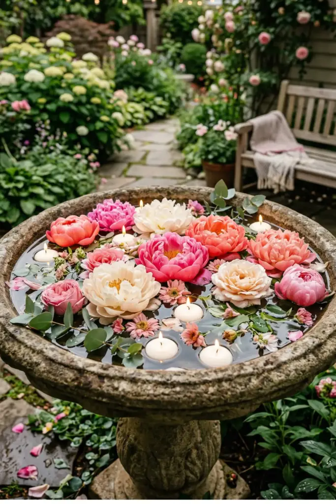 Floating Peonies in a Birdbath
