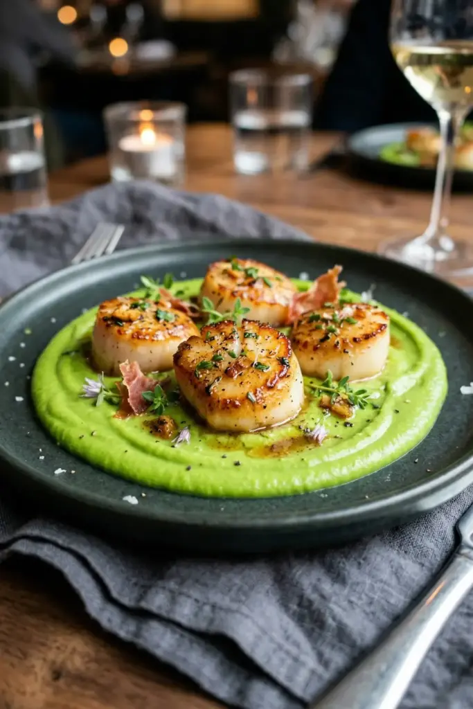 Garlic Butter Scallops with Pea Purée
