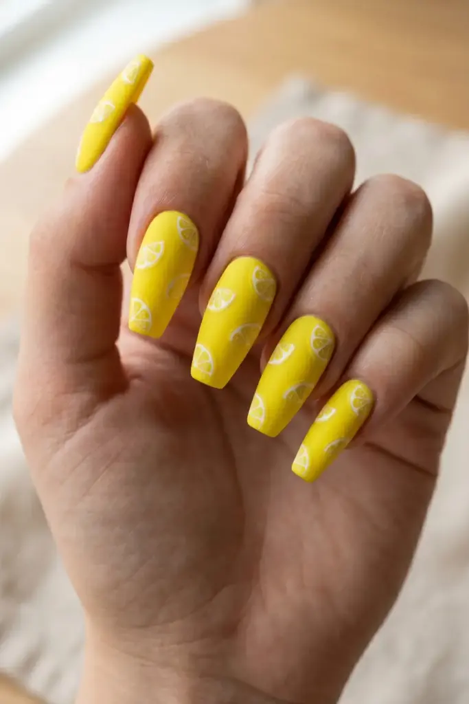 Lemon-Yellow Matte Coffin Nails