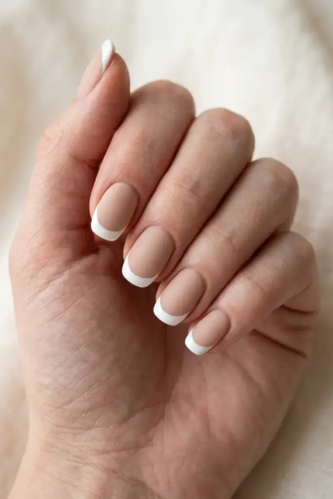 Matte Nude with Glossy White French Tips