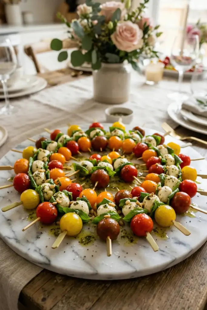 Mini Caprese Skewers with Pesto Oil
