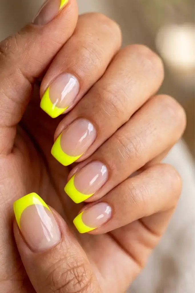 Neon Yellow French Tips on Clear Nails