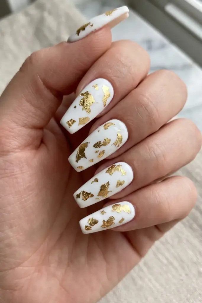 Simple White with Gold Foil Coffin Nails
