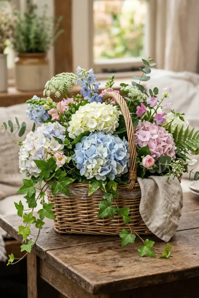 A hyper-realistic, vertical 2:3 (1000x1500) photograph of a “Bookish Botanical Stack” floral arrangement for Mother's Day. The scene features three vintage hardcover books stacked on a modern, stylish table. On top of the books, a shallow, watertight tin holds wet floral foam, creating a sprawling, low arrangement of trailing ivy and ranunculus. The base of the tin is subtly wrapped in wax paper. The composition is bright, colorful, and modern, designed for Pinterest virality with strong hierarchy, bolder contrast, and scroll-stopping clarity. The background is sleek, contemporary, and complements the floral stack without drawing attention away from it. The lighting is natural, soft, and cinematic, emphasizing depth, shadows, and fine textures. Shot on a Canon EOS R with a 50mm F/1.8 lens, F/2.2, 1/200s, ISO 100. Ultra-high definition (2560x1440 or higher), HDR, ultra-clear, no visible imperfections, hyper-realistic, professional quality with perfect sharpness, fine details, smooth transitions in lighting and textures, realistic colors, polished look, vibrant but true-to-life. The main subject occupies approximately 50–80% of the frame. No hands, no text overlay, modern Pinterest-ready setup, bright and visually engaging.