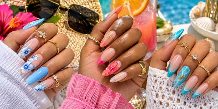 Simple baddie summer nails design ideas featuring bright pink, coral, nude, blue, floral, ombre, glitter, and tropical-inspired nail art on manicured hands