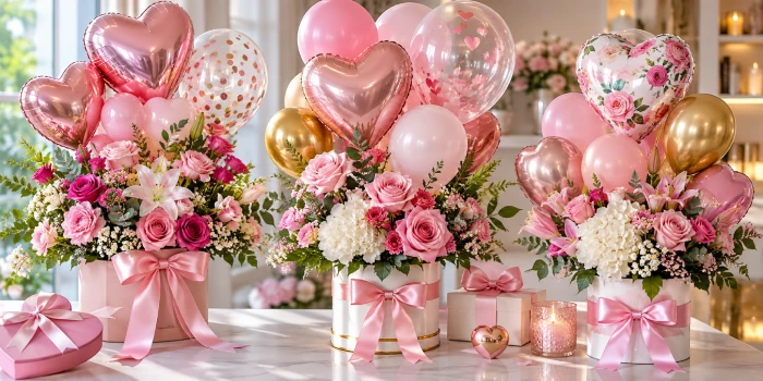 Beautiful Mother's Day balloon bouquets with pink, white, and rose-gold balloons arranged with fresh roses, lilies, greenery, satin bows, and elegant gift boxes on a modern table.