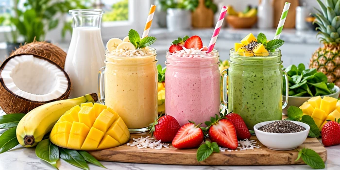 Three colorful coconut milk smoothies for kids with banana, mango, strawberry, coconut, chia seeds, mint, and fresh fruit on a modern kitchen counter.