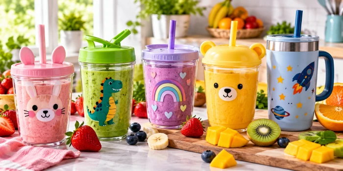 Colorful kid-friendly smoothie cups with playful animal designs, reusable straws, and vibrant fruit smoothies arranged on a bright modern kitchen counter.