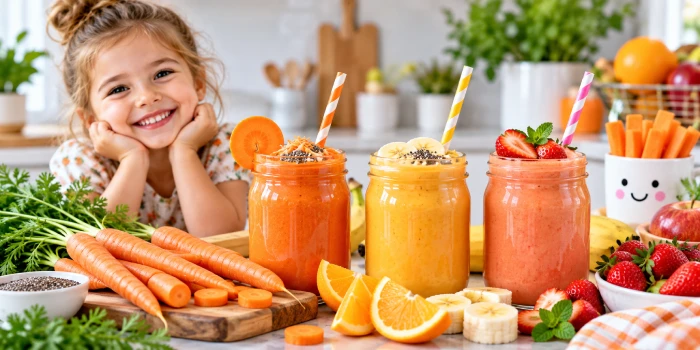 Three colorful healthy carrot smoothies for kids with fresh carrots, oranges, bananas, strawberries, and chia seeds arranged on a bright kitchen counter.