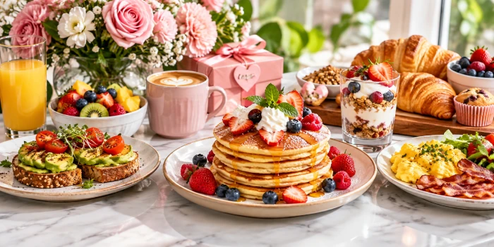 A vibrant Mother’s Day breakfast spread featuring fluffy pancakes with fresh berries and syrup, avocado toast, scrambled eggs and bacon, yogurt parfait, croissants, fresh fruit, orange juice, coffee, flowers, and a wrapped gift on a bright marble table.