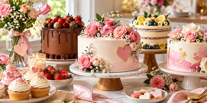 Elegant Mother's Day cake designs featuring pink floral cakes, berry-topped chocolate cake, lemon blueberry layer cake, cupcakes, roses, and stylish dessert decorations