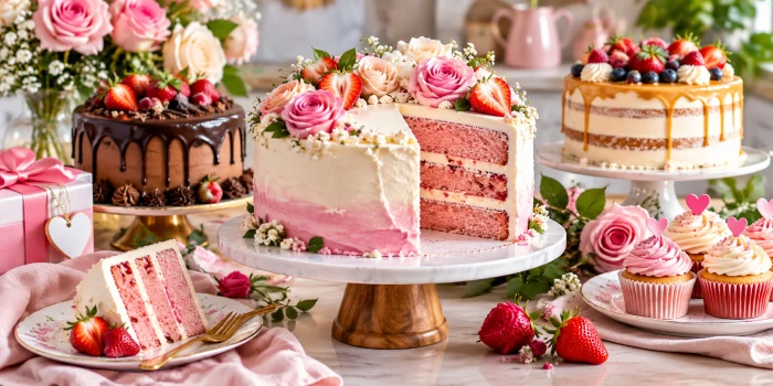 Beautiful Mother's Day cake recipe ideas featuring a pink floral layer cake with strawberries, chocolate drip cake, berry-topped cake, cupcakes, and elegant spring flowers on a dessert table.