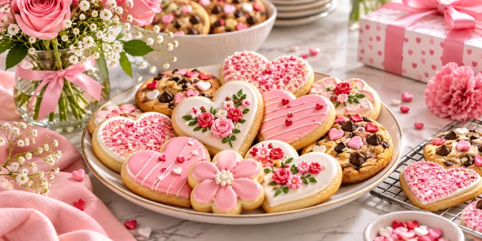 A vibrant assortment of Mother's Day cookies featuring heart-shaped sugar cookies with pink and white icing, floral decorations, sprinkles, and chocolate chip cookies arranged on a serving platter with fresh pink roses and a gift box.