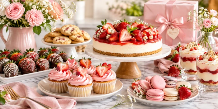 Elegant Mother's Day dessert spread featuring strawberry cheesecake, pink cupcakes, chocolate-covered strawberries, macarons, cookies, and berry parfaits on a bright marble table with fresh flowers