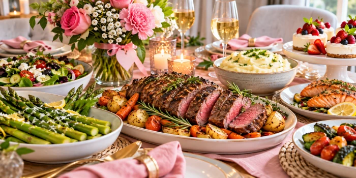 Elegant Mother’s Day dinner table featuring roast beef, mashed potatoes, asparagus, fresh salad, roasted vegetables, salmon, berry desserts, pink flowers, candles, and festive table settings for a special family meal.
