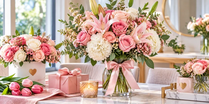 Elegant Mother's Day floral motif arrangement featuring pink roses, lilies, white hydrangeas, carnations, eucalyptus greenery, pink tulips, gift box, and candle on a modern marble table.
