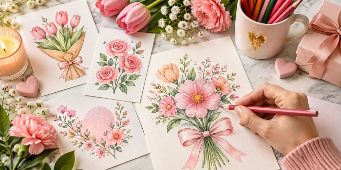 Best Mother's Day flower drawing ideas for beginners featuring simple hand-drawn roses, tulips, floral bouquets, heart-shaped flower art, and colorful pencil sketches on greeting cards.
