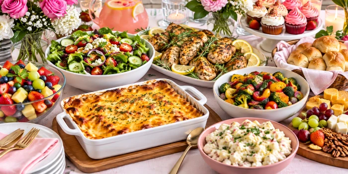 Best Mother's Day potluck-style gathering meals to share, featuring a colorful table filled with baked pasta, grilled chicken, fresh salad, roasted vegetables, fruit, cheese, dinner rolls, and festive cupcakes.