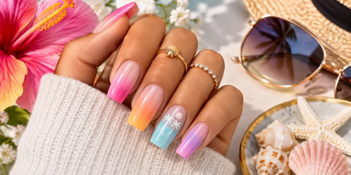 Best simple acrylic ombre summer nail designs featuring vibrant pink, peach, yellow, aqua, and lilac gradient nails with a tropical summer-inspired accent nail and glossy finish