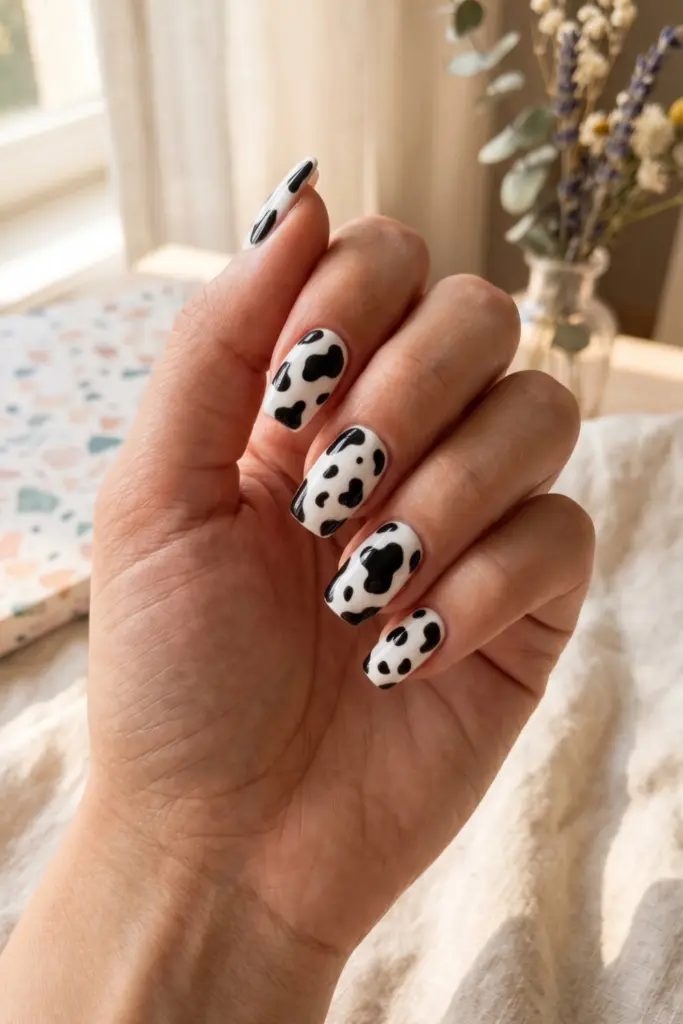 black-white-cow-print-simple-baddie-summer-nails